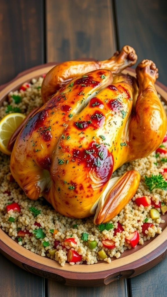 A golden roasted whole chicken on a platter with quinoa and vegetables, garnished with herbs and lemon.
